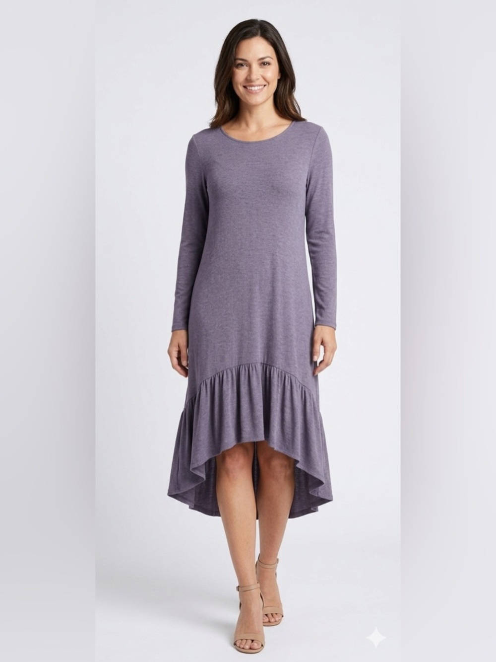 Lavender long sleeve knit dress with ruffle bottom.  High/low